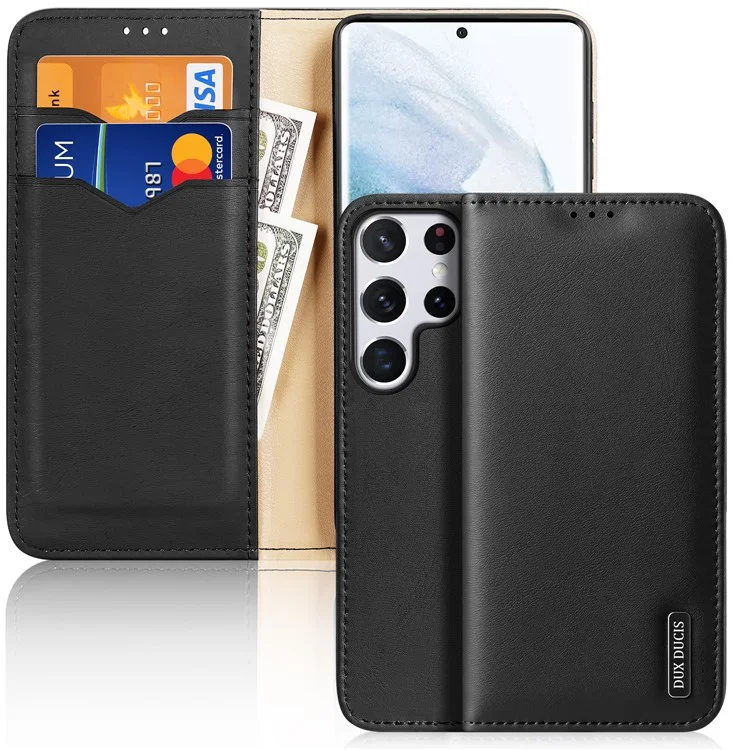 DUX DUCIS Hivo Série RFID Blocking Design Folio Flip Case de Porte-support en Cuir Divisé Couverture de Protection Pour Samsung Galaxy S22 Ultra 5G - le Noir