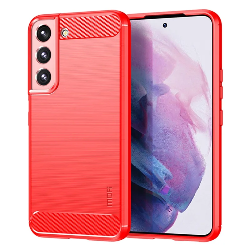 MOFI geborstelde koolstofvezel design hoesje krasbestendige zachte TPU cover voor Samsung Galaxy S22 5G - Rood
