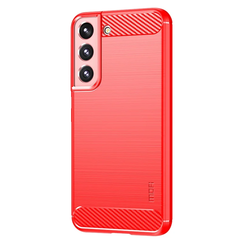 MOFI geborstelde koolstofvezel design hoesje krasbestendige zachte TPU cover voor Samsung Galaxy S22 5G - Rood