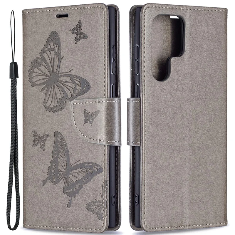 PU Leather Flip Folio Cover Butterfly Imprinted Wallet Stand Shockproof Protective Cover with Strap for Samsung Galaxy S22 Ultra 5G - Grey