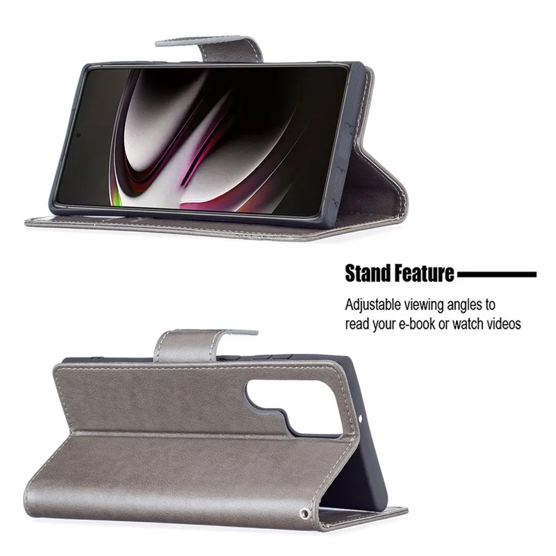 PU Leather Flip Folio Cover Butterfly Imprinted Wallet Stand Shockproof Protective Cover with Strap for Samsung Galaxy S22 Ultra 5G - Grey