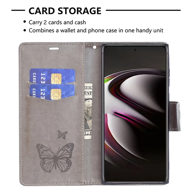 PU Leather Flip Folio Cover Butterfly Imprinted Wallet Stand Shockproof Protective Cover with Strap for Samsung Galaxy S22 Ultra 5G - Grey