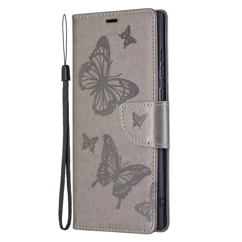 PU Leather Flip Folio Cover Butterfly Imprinted Wallet Stand Shockproof Protective Cover with Strap for Samsung Galaxy S22 Ultra 5G - Grey