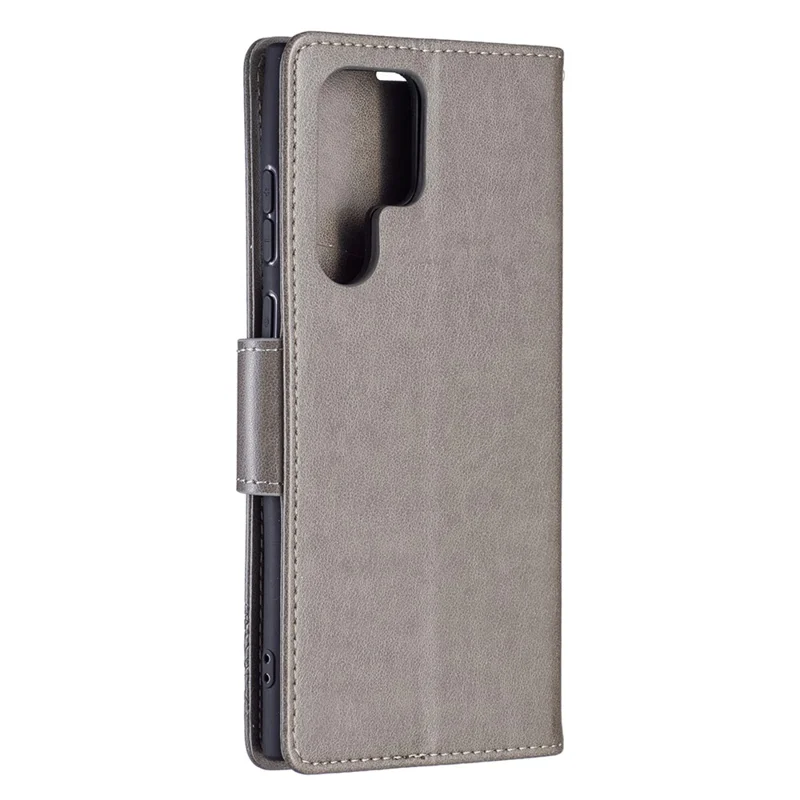 PU Leather Flip Folio Cover Butterfly Imprinted Wallet Stand Shockproof Protective Cover with Strap for Samsung Galaxy S22 Ultra 5G - Grey