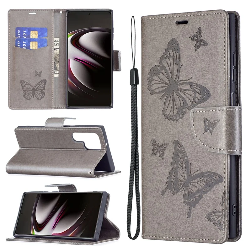 PU Leather Flip Folio Cover Butterfly Imprinted Wallet Stand Shockproof Protective Cover with Strap for Samsung Galaxy S22 Ultra 5G - Grey
