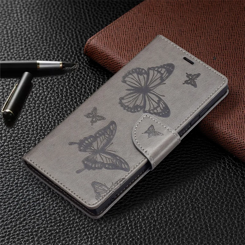 PU Leather Flip Folio Cover Butterfly Imprinted Wallet Stand Shockproof Protective Cover with Strap for Samsung Galaxy S22 Ultra 5G - Grey