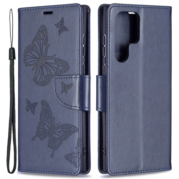 PU Leather Flip Folio Cover Butterfly Imprinted Wallet Stand Shockproof Protective Cover with Strap for Samsung Galaxy S22 Ultra 5G - Dark Blue