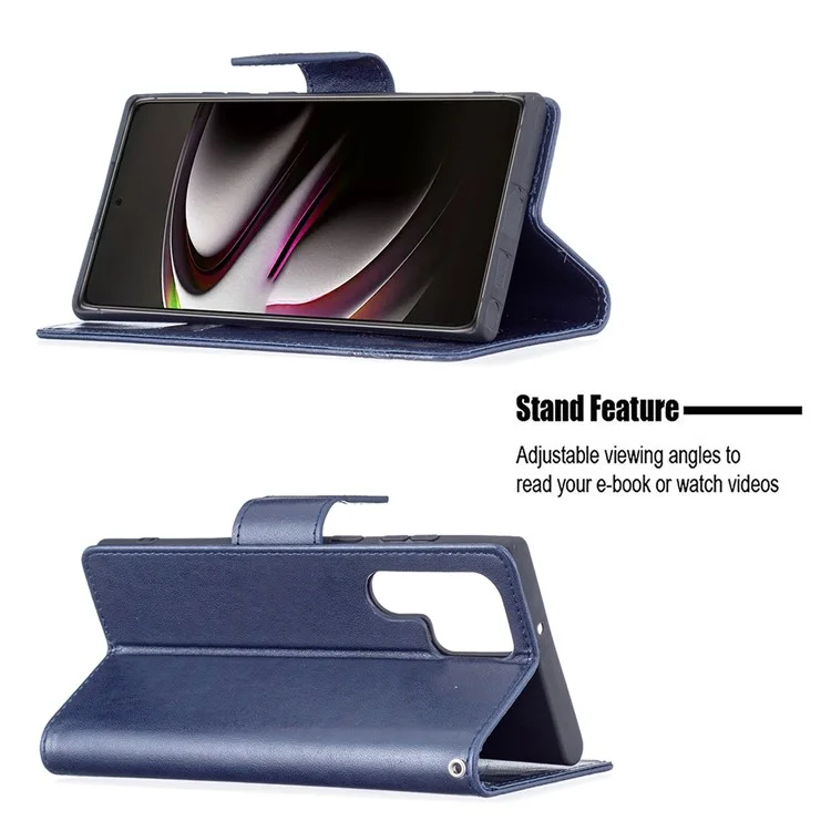 PU Leather Flip Folio Cover Butterfly Imprinted Wallet Stand Shockproof Protective Cover with Strap for Samsung Galaxy S22 Ultra 5G - Dark Blue