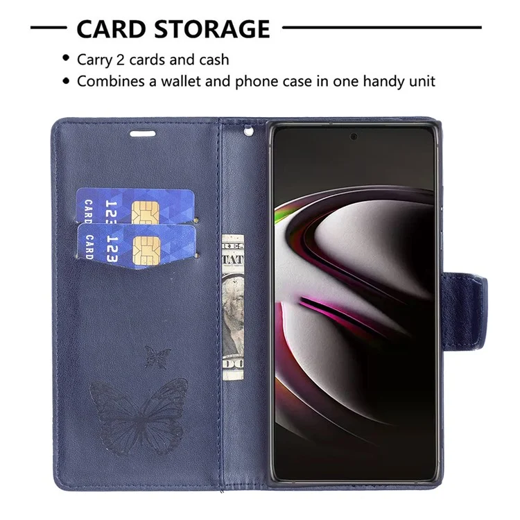 PU Leather Flip Folio Cover Butterfly Imprinted Wallet Stand Shockproof Protective Cover with Strap for Samsung Galaxy S22 Ultra 5G - Dark Blue