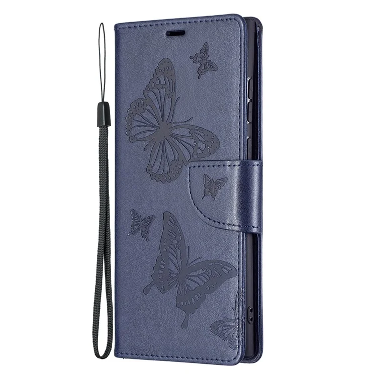 PU Leather Flip Folio Cover Butterfly Imprinted Wallet Stand Shockproof Protective Cover with Strap for Samsung Galaxy S22 Ultra 5G - Dark Blue