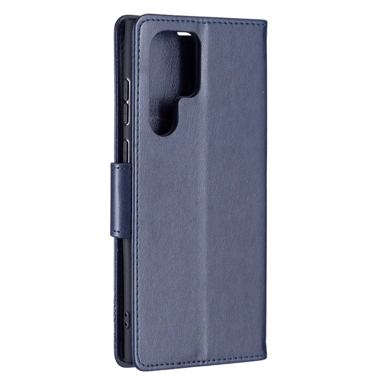 PU Leather Flip Folio Cover Butterfly Imprinted Wallet Stand Shockproof Protective Cover with Strap for Samsung Galaxy S22 Ultra 5G - Dark Blue