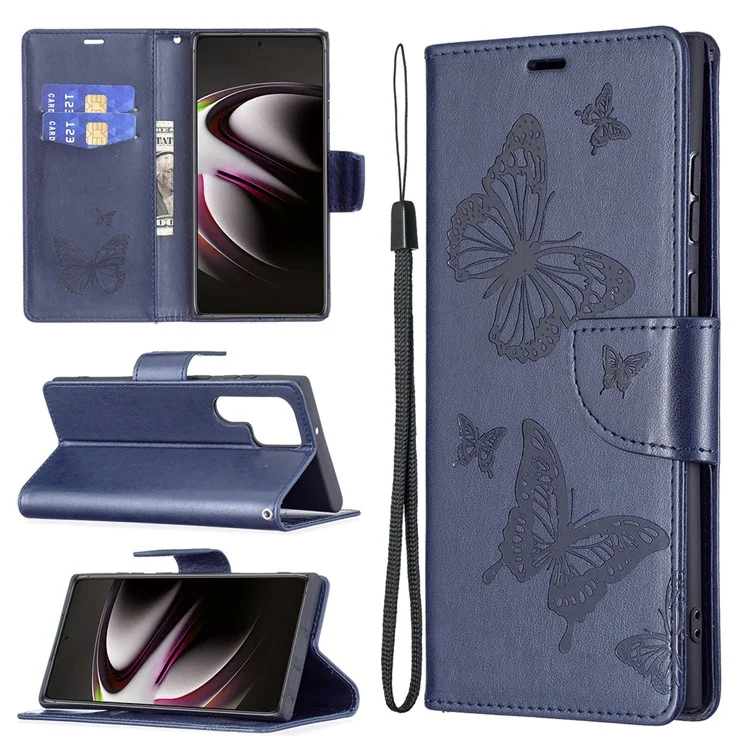 PU Leather Flip Folio Cover Butterfly Imprinted Wallet Stand Shockproof Protective Cover with Strap for Samsung Galaxy S22 Ultra 5G - Dark Blue