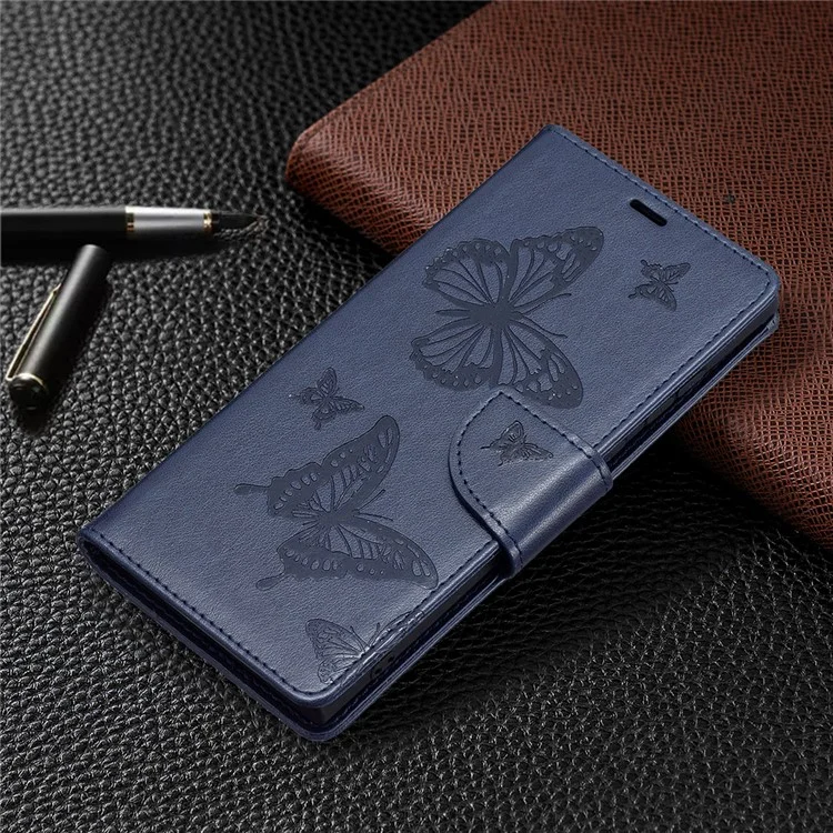 PU Leather Flip Folio Cover Butterfly Imprinted Wallet Stand Shockproof Protective Cover with Strap for Samsung Galaxy S22 Ultra 5G - Dark Blue
