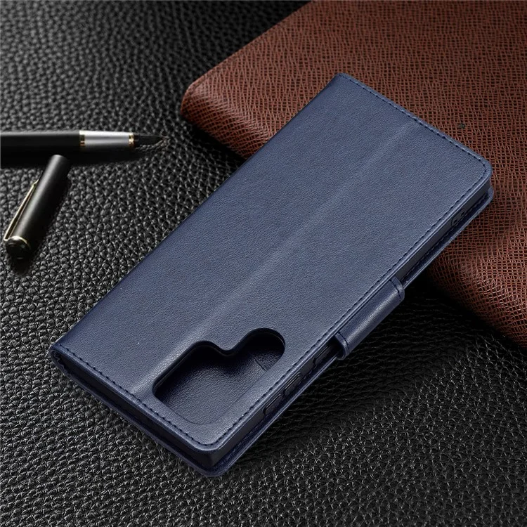 PU Leather Flip Folio Cover Butterfly Imprinted Wallet Stand Shockproof Protective Cover with Strap for Samsung Galaxy S22 Ultra 5G - Dark Blue