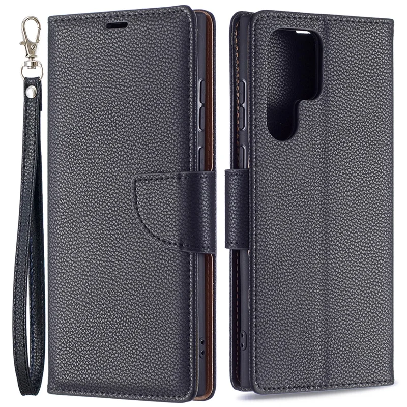 Litchi Texture Solid Color PU Leather Wallet Stand Case Protective Phone Shell with Wrist Strap for Samsung Galaxy S22 Ultra 5G - Black