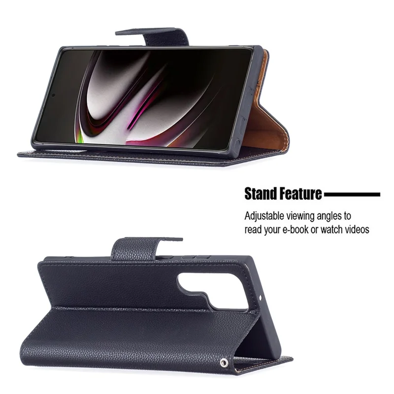 Litchi Texture Solid Color PU Leather Wallet Stand Case Protective Phone Shell with Wrist Strap for Samsung Galaxy S22 Ultra 5G - Black