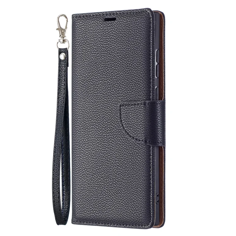 Litchi Texture Solid Color PU Leather Wallet Stand Case Protective Phone Shell with Wrist Strap for Samsung Galaxy S22 Ultra 5G - Black