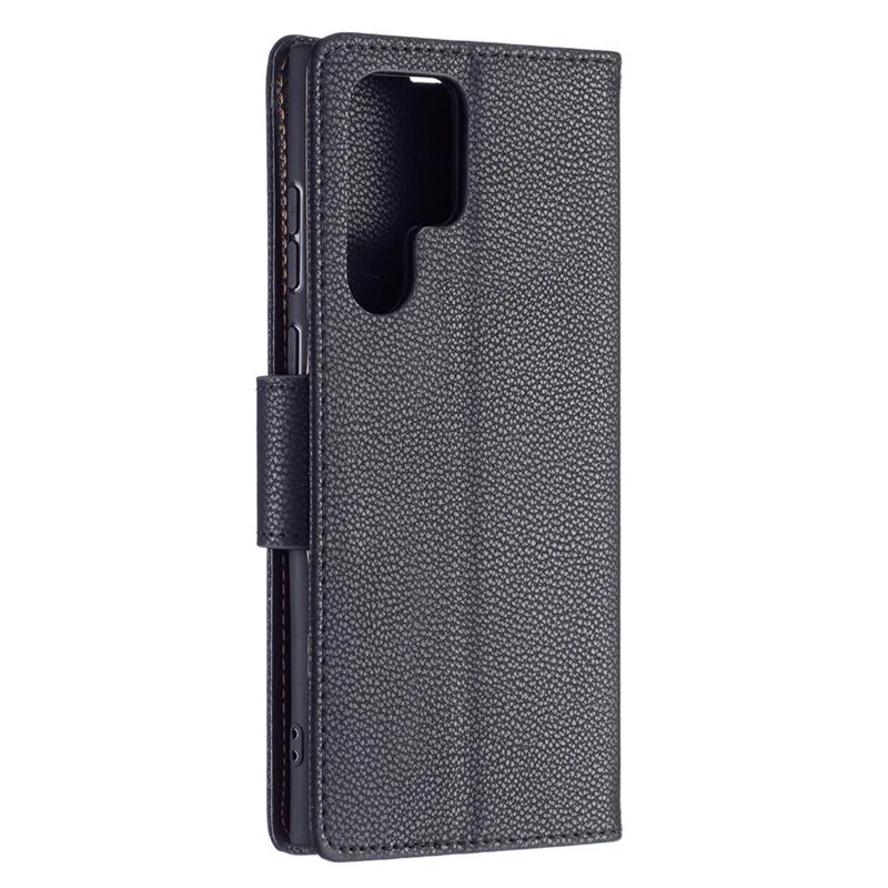 Litchi Texture Solid Color PU Leather Wallet Stand Case Protective Phone Shell with Wrist Strap for Samsung Galaxy S22 Ultra 5G - Black