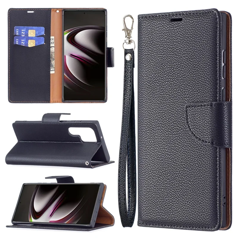 Litchi Texture Solid Color PU Leather Wallet Stand Case Protective Phone Shell with Wrist Strap for Samsung Galaxy S22 Ultra 5G - Black