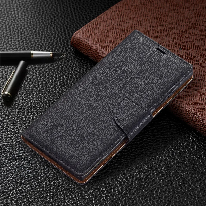 Litchi Texture Solid Color PU Leather Wallet Stand Case Protective Phone Shell with Wrist Strap for Samsung Galaxy S22 Ultra 5G - Black