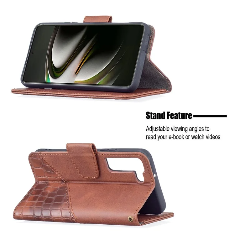 BINFEN COLOR BF04 Crocodile Texture Wallet Stand Leather Protective Phone Case for Samsung Galaxy S22 5G - Brown