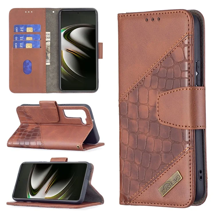 BINFEN COLOR BF04 Crocodile Texture Wallet Stand Leather Protective Phone Case for Samsung Galaxy S22 5G - Brown
