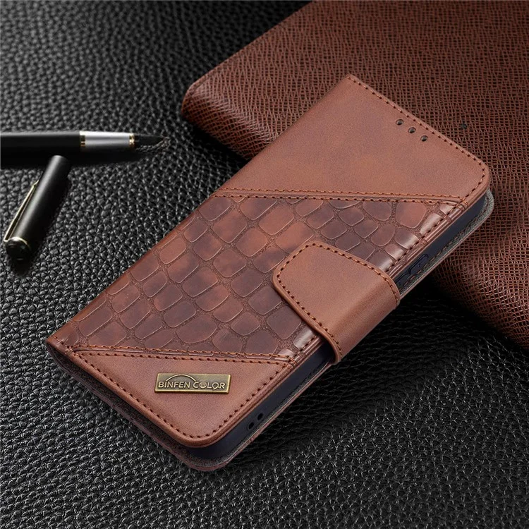 BINFEN COLOR BF04 Crocodile Texture Wallet Stand Leather Protective Phone Case for Samsung Galaxy S22 5G - Brown