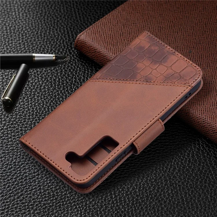 BINFEN COLOR BF04 Crocodile Texture Wallet Stand Leather Protective Phone Case for Samsung Galaxy S22 5G - Brown
