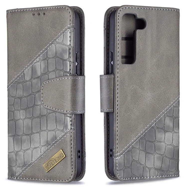 BINFEN COLOR BF04 Crocodile Texture Wallet Stand Leather Protective Phone Case for Samsung Galaxy S22 5G - Grey