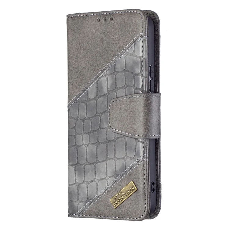 BINFEN COLOR BF04 Crocodile Texture Wallet Stand Leather Protective Phone Case for Samsung Galaxy S22 5G - Grey