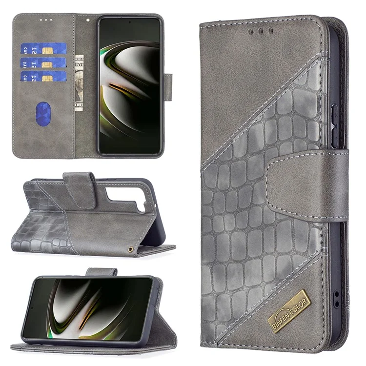BINFEN COLOR BF04 Crocodile Texture Wallet Stand Leather Protective Phone Case for Samsung Galaxy S22 5G - Grey
