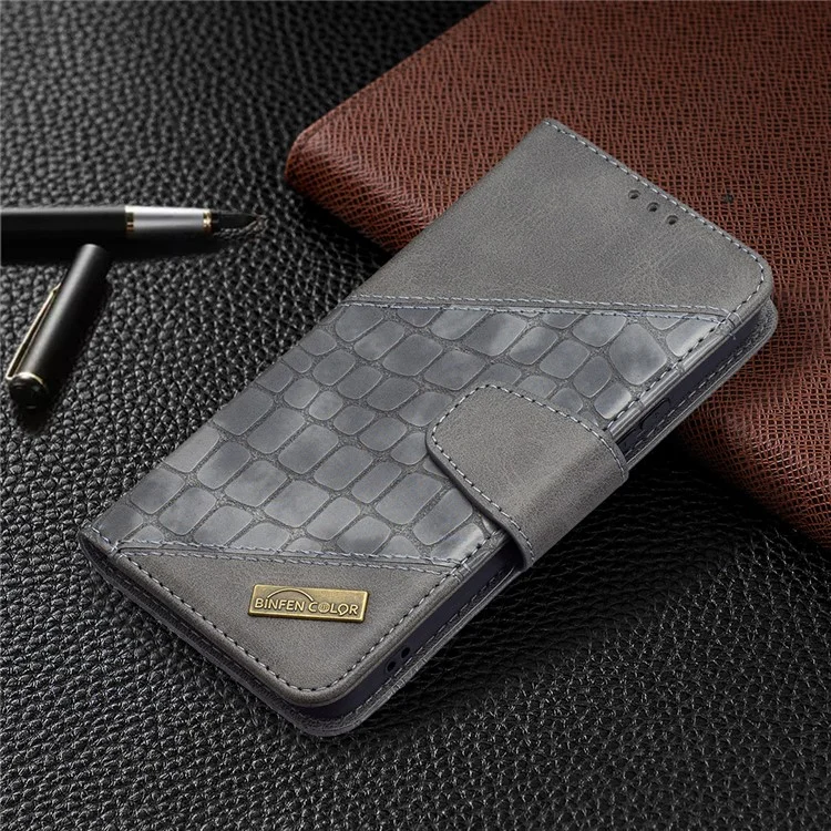 BINFEN COLOR BF04 Crocodile Texture Wallet Stand Leather Protective Phone Case for Samsung Galaxy S22 5G - Grey