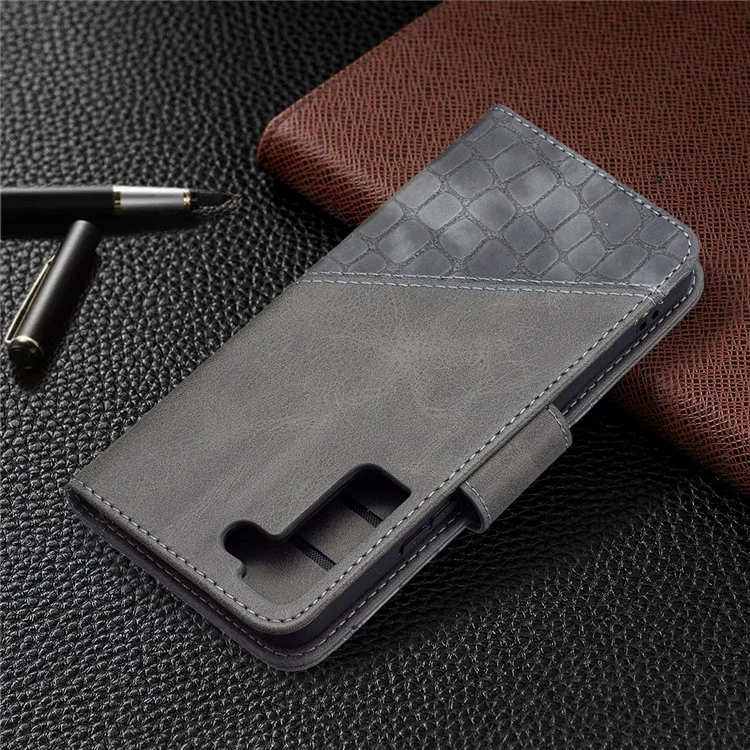 BINFEN COLOR BF04 Crocodile Texture Wallet Stand Leather Protective Phone Case for Samsung Galaxy S22 5G - Grey