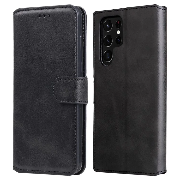 Wallet Stand PU Leather + TPU Full Protection Magnetic Clasp Phone Cover Case for Samsung Galaxy S22 Ultra 5G - Black