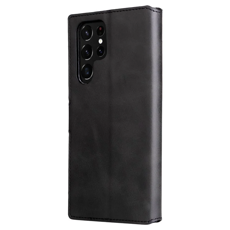 Wallet Stand PU Leather + TPU Full Protection Magnetic Clasp Phone Cover Case for Samsung Galaxy S22 Ultra 5G - Black