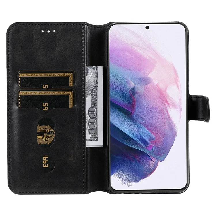 Classic Stand Folio Flip Cover PU Leather Scratch-resistant Well-protected Wallet Phone Case for Samsung Galaxy S22 5G - Black