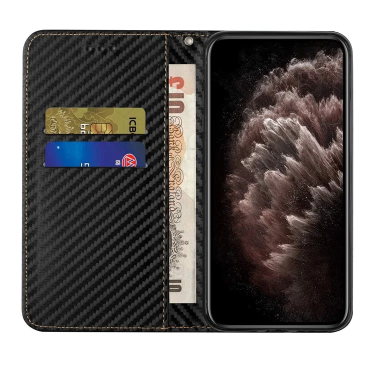 Magnetic Auto-absorbed Carbon Fiber Texture Stand Wallet Leather Phone Case with Wrist Strap for Samsung Galaxy S22 Ultra 5G - Black