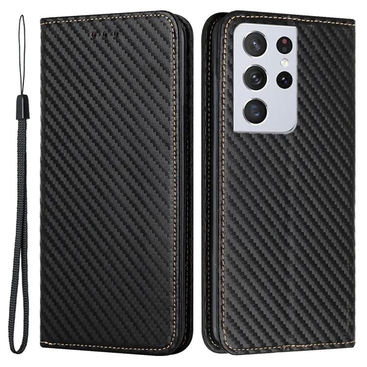 Carbon Fiber Texture Faltbare Ständer Stoßfeste Ledergeldbörse mit Auto-Verschlussmagnet für Samsung Galaxy S21 Ultra 5G - Schwarz