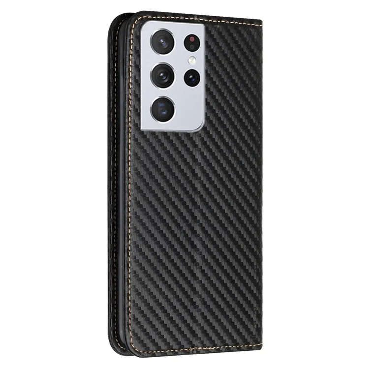 Carbon Fiber Texture Faltbare Ständer Stoßfeste Ledergeldbörse mit Auto-Verschlussmagnet für Samsung Galaxy S21 Ultra 5G - Schwarz