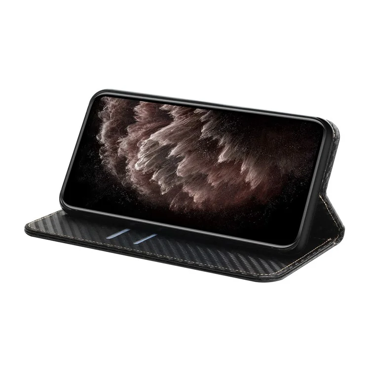 Carbon Fiber Texture Faltbare Ständer Stoßfeste Ledergeldbörse mit Auto-Verschlussmagnet für Samsung Galaxy S21 Ultra 5G - Schwarz