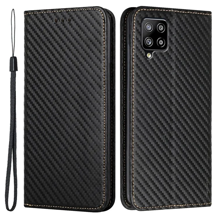 Phone Covering Hand Strap Design Carbon Fiber Texture Stand Wallet Design Auto-absorbed Leather Case for Samsung Galaxy A42 5G - Black