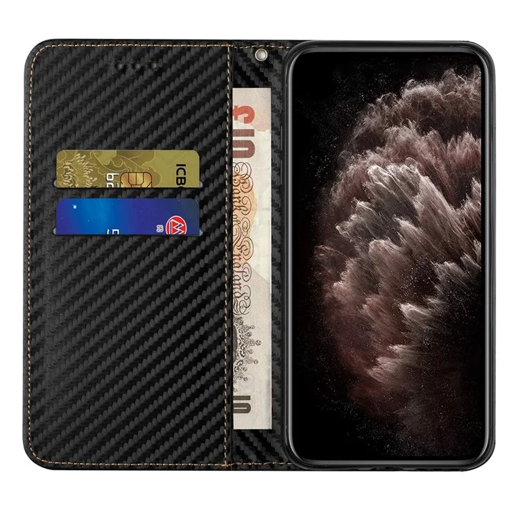 Phone Covering Hand Strap Design Carbon Fiber Texture Stand Wallet Design Auto-absorbed Leather Case for Samsung Galaxy A42 5G - Black