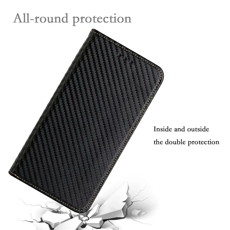 Phone Covering Hand Strap Design Carbon Fiber Texture Stand Wallet Design Auto-absorbed Leather Case for Samsung Galaxy A42 5G - Black