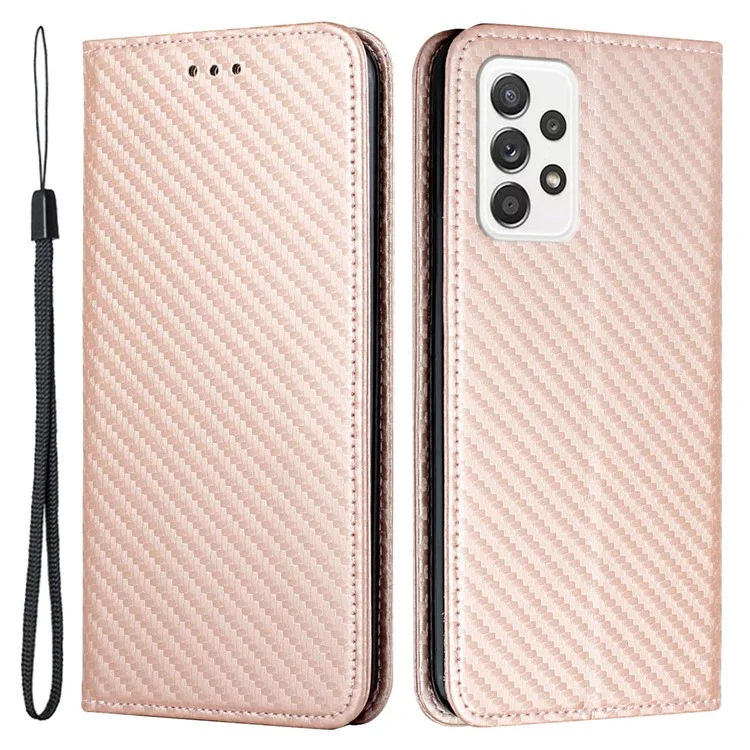 Auto-absorbed Carbon Fiber Texture Stand Wallet Leather Case Cover with Hand Strap for Samsung Galaxy A52 5G / A52s 5G / A52 4G - Rose Gold