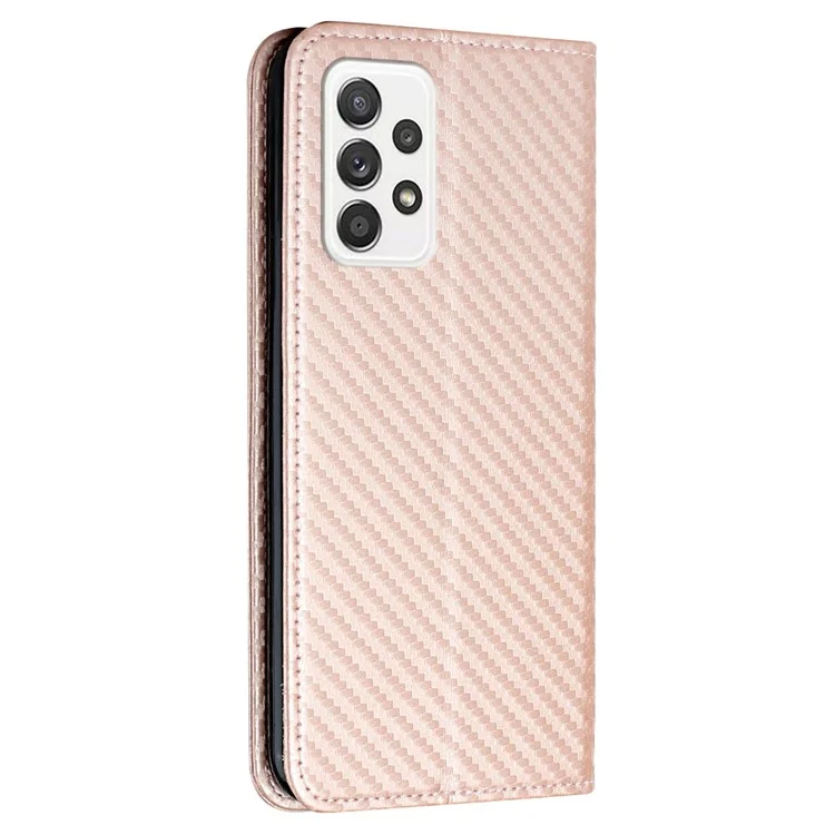 Auto-absorbed Carbon Fiber Texture Stand Wallet Leather Case Cover with Hand Strap for Samsung Galaxy A52 5G / A52s 5G / A52 4G - Rose Gold