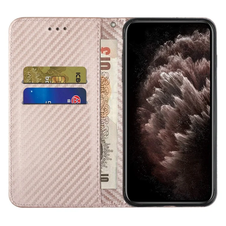 Auto-absorbed Carbon Fiber Texture Stand Wallet Leather Case Cover with Hand Strap for Samsung Galaxy A52 5G / A52s 5G / A52 4G - Rose Gold