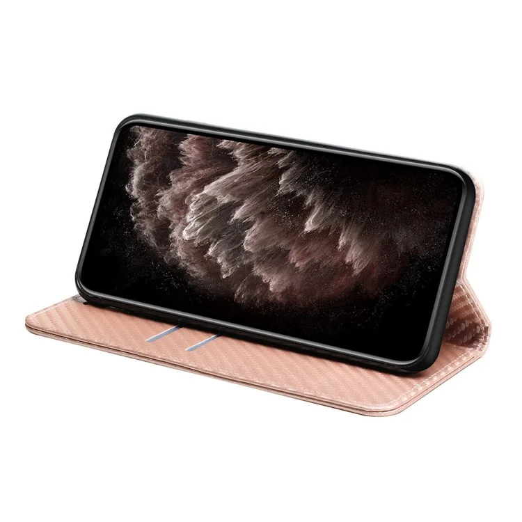 Auto-absorbed Carbon Fiber Texture Stand Wallet Leather Case Cover with Hand Strap for Samsung Galaxy A52 5G / A52s 5G / A52 4G - Rose Gold
