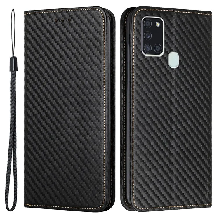 Anti-Shock-Telefon-Flip-Cover, Carbon-Faser-Textur, Ständer, Wallet-Design, Auto-absorbiertes PU-Leder + TPU-Telefon-Case für Samsung Galaxy A21s - Schwarz