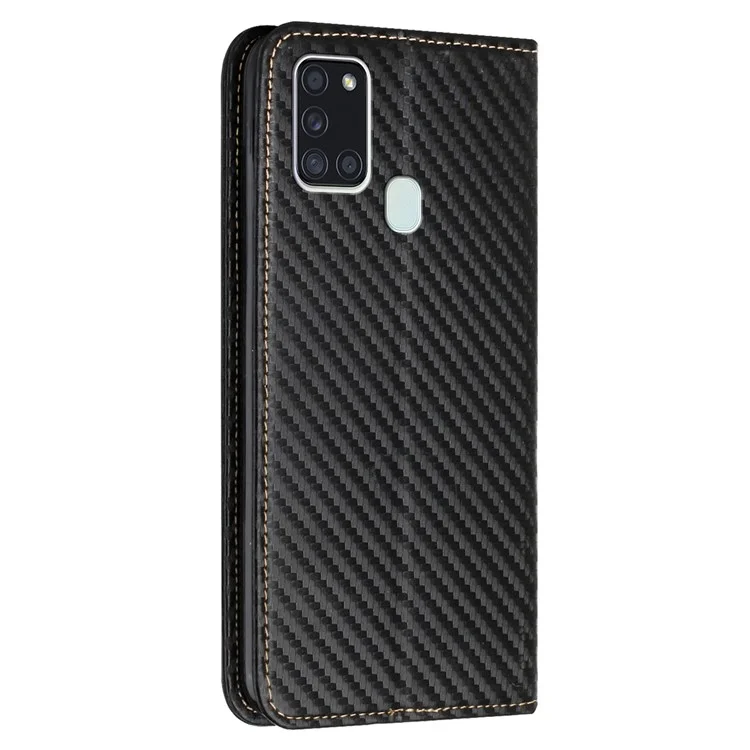 Anti-Shock-Telefon-Flip-Cover, Carbon-Faser-Textur, Ständer, Wallet-Design, Auto-absorbiertes PU-Leder + TPU-Telefon-Case für Samsung Galaxy A21s - Schwarz