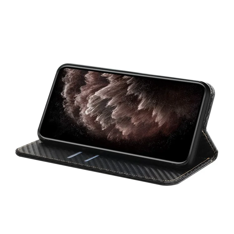 Anti-Shock-Telefon-Flip-Cover, Carbon-Faser-Textur, Ständer, Wallet-Design, Auto-absorbiertes PU-Leder + TPU-Telefon-Case für Samsung Galaxy A21s - Schwarz